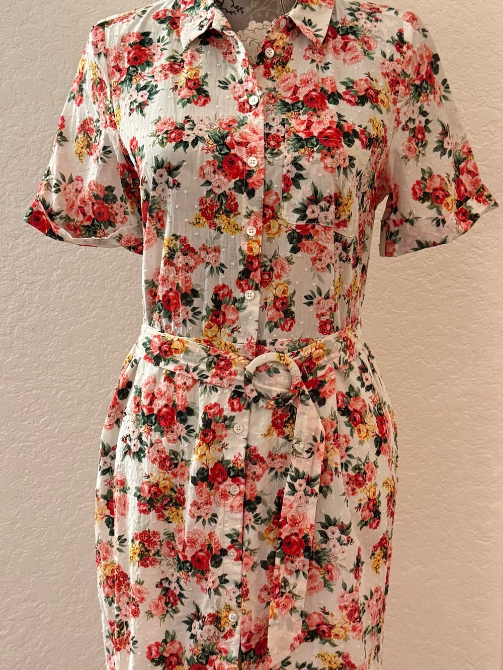 Sezane White Floral Button-Front Midi Dress with Belt